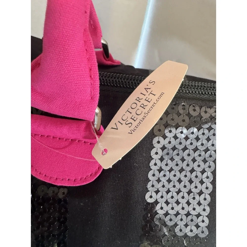 Victoria's Secret Black Hot Pink Sequin Tote Large Weekender Zip Shoulder Bag ~